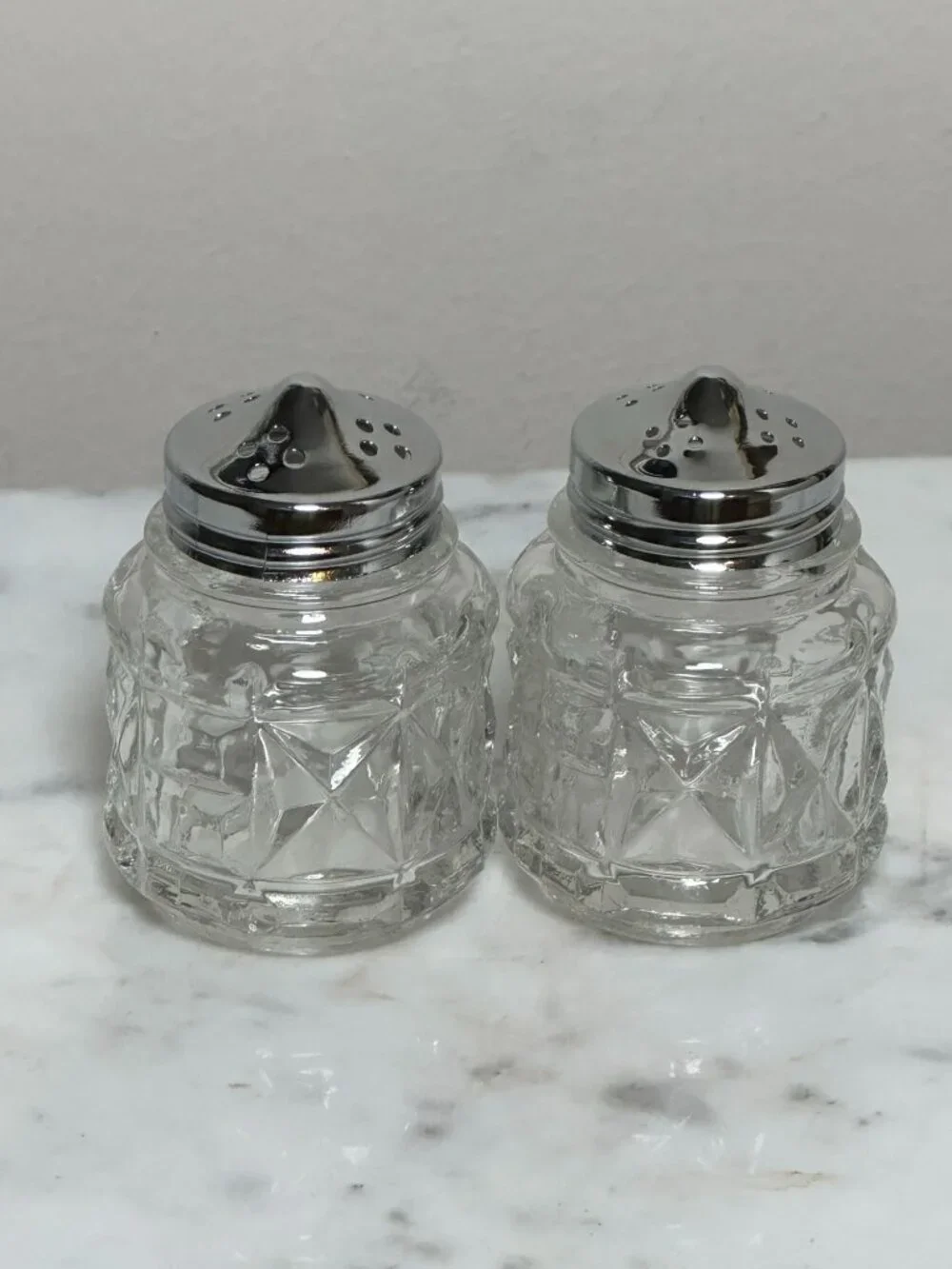 Vintage Glass Salt & Pepper Shakers With Metal Lids Starburst Pattern 3 Inches